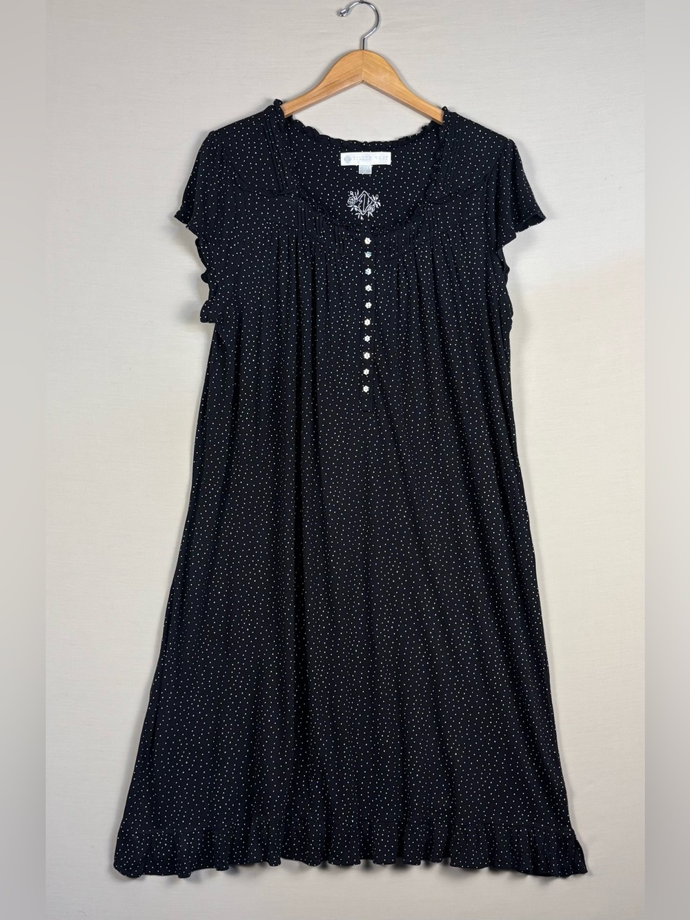 Eileen West Black White Polka Dot Modal Ruffle Nightgown Lounge Dress L - Picture 2 of 6